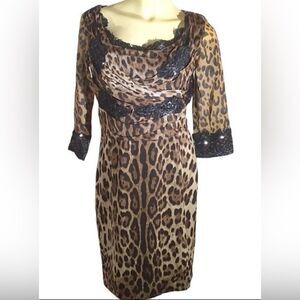 Dolce & Gabbana Leopard Print Silk Dress IT 44 US 8 Lace Sequin Cocktail Italy
